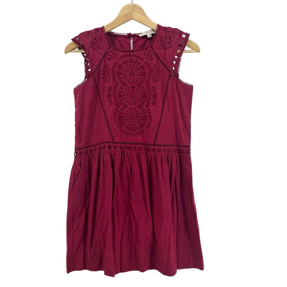 LOFT Cotton Eyelet Lace Cap Sleeves Lined Burgundy Dress